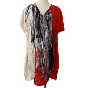 Natori Josie Silk Short Caftan Dress Abstract Orange White Print S